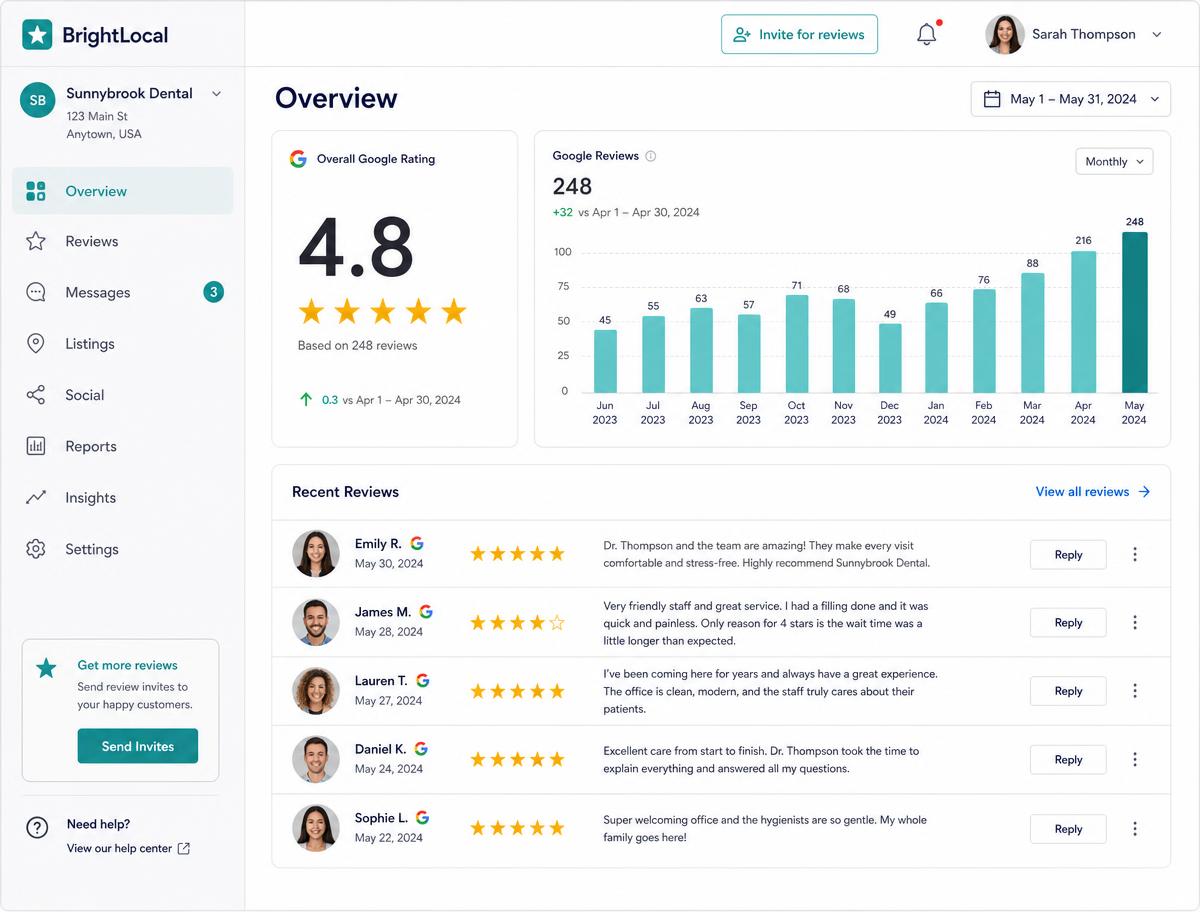 OnlineReviews dashboard showing ratings, review inbox and location listings
